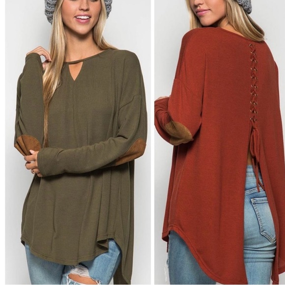 She & Sky lace up back burnt orange rust sweater with elbow patches size medium - Picture 3 of 8